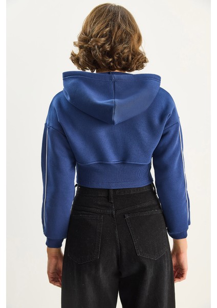 Kadın Kapüşonlu Fermuarlı Korse Detaylı Şardonlu Crop Hırka