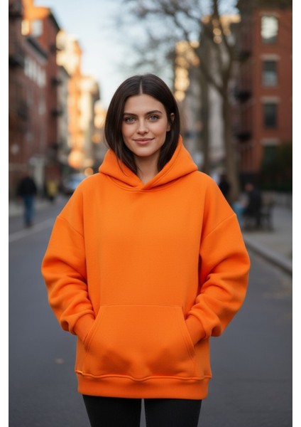 Kadın Oversize % 100 Pamuk Içi Polarlı Yumuşak Dokulu Basic Kapüşonlu Sweatshirt