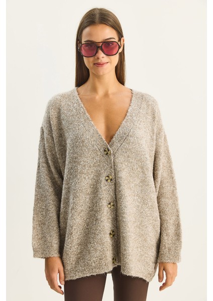 Kadın V Yaka Oversize Buklet Carmen Triko Hırka