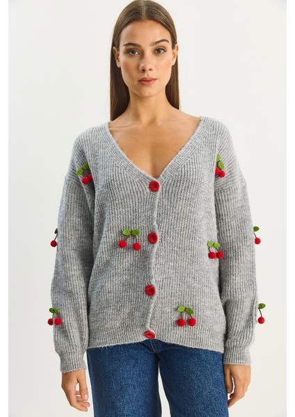 Kadın V Yaka Kiraz Aksesuarlı Triko Hırka indirimleri