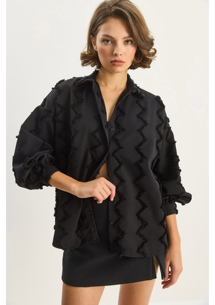 Kadın Zikzak Püsküllü Oversize Gömlek