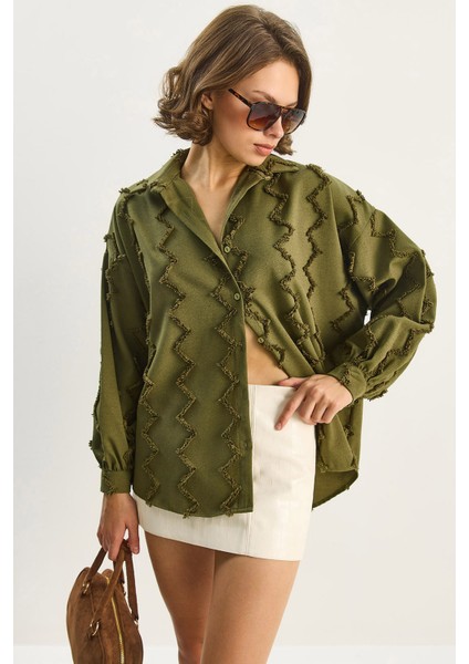Kadın Zikzak Püsküllü Oversize Gömlek