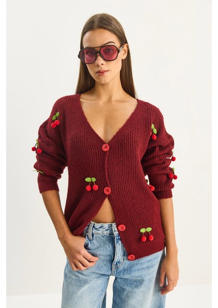 Kadın V Yaka Kiraz Aksesuarlı Triko Hırka fiyatları