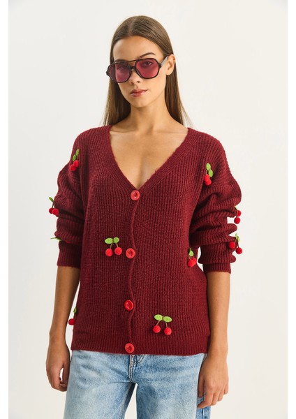 Kadın V Yaka Kiraz Aksesuarlı Triko Hırka indirimleri
