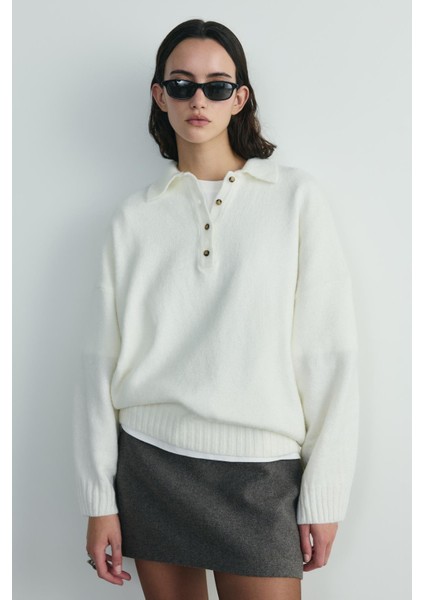 Ekru Rani Polo Yaka Oversize Kazak