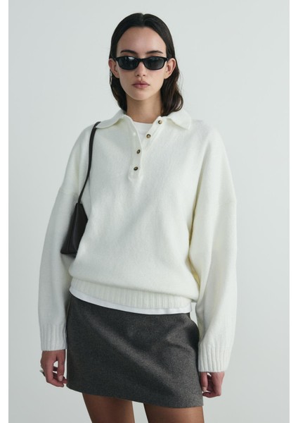 Ekru Rani Polo Yaka Oversize Kazak modelleri