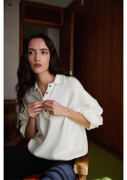 Ekru Rani Polo Yaka Oversize Kazak indirimleri