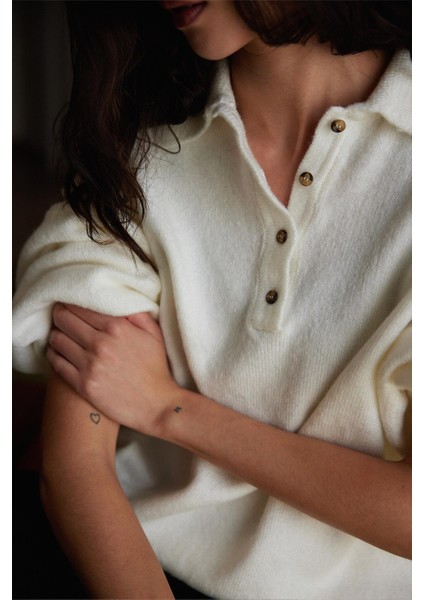 Ekru Rani Polo Yaka Oversize Kazak