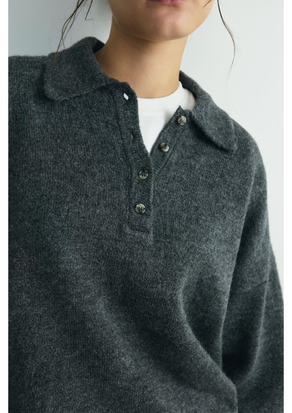 Füme Rani Polo Yaka Oversize Kazak modelleri