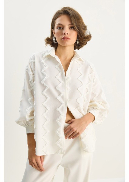 Kadın Zikzak Püsküllü Oversize Gömlek modelleri