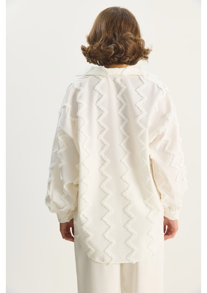Kadın Zikzak Püsküllü Oversize Gömlek