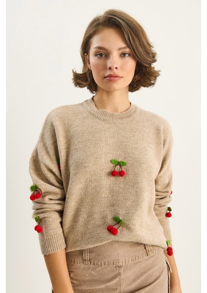 Kadın Bisiklet Yaka Kiraz Aksesuarlı Regular Triko Kazak fırsatları