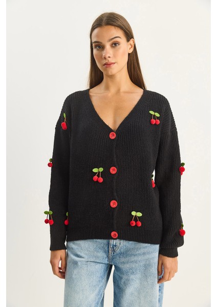 Kadın V Yaka Kiraz Aksesuarlı Triko Hırka fırsatları