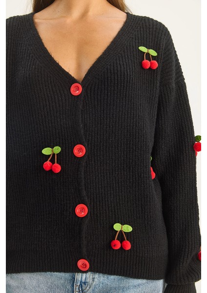 Kadın V Yaka Kiraz Aksesuarlı Triko Hırka indirimleri