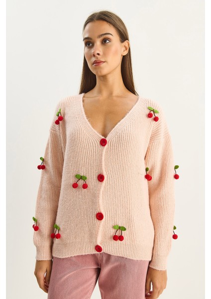 Kadın V Yaka Kiraz Aksesuarlı Triko Hırka indirimleri