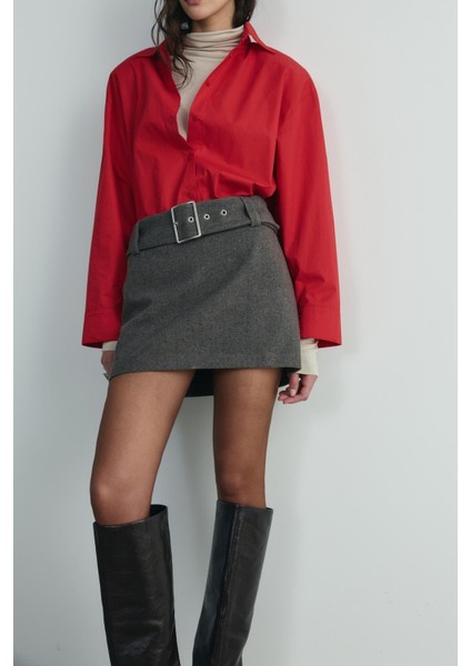 Kahverengi Blair Kemerli Kaşe Mini Etek