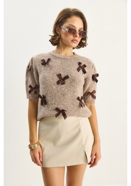 Kadın Bisiklet Yaka Fiyonk Detaylı Kısa Kollu Triko Kazak modelleri