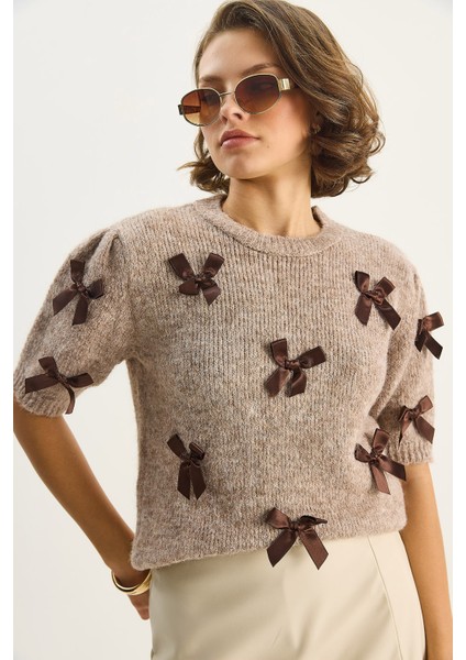 Kadın Bisiklet Yaka Fiyonk Detaylı Kısa Kollu Triko Kazak indirimleri