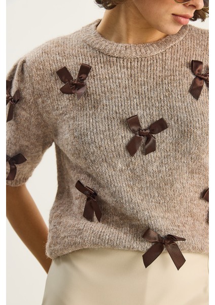 Kadın Bisiklet Yaka Fiyonk Detaylı Kısa Kollu Triko Kazak