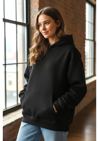 Kadın Oversize % 100 Pamuk Içi Polarlı Yumuşak Dokulu Basic Kapüşonlu Sweatshirt