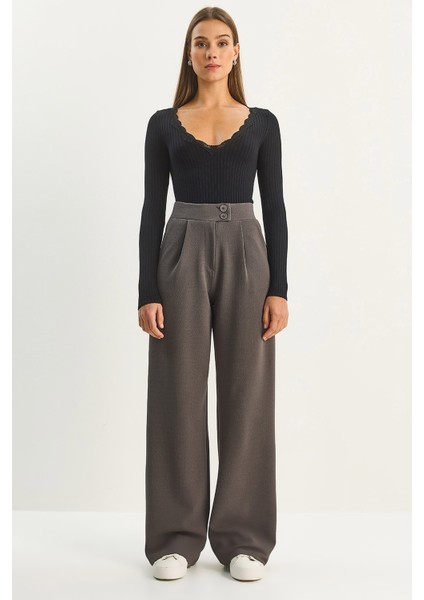 Kadın Yüksek Bel Çift Düğmeli Palazzo Pantolon