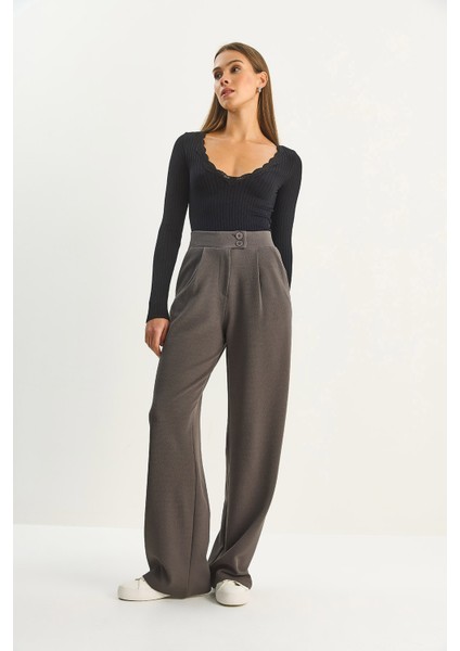 Kadın Yüksek Bel Çift Düğmeli Palazzo Pantolon modelleri