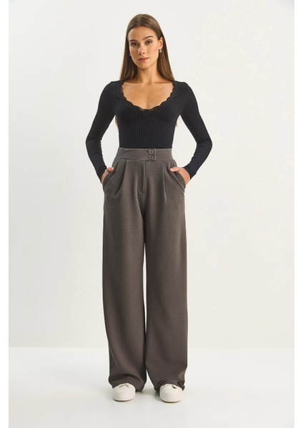 Kadın Yüksek Bel Çift Düğmeli Palazzo Pantolon