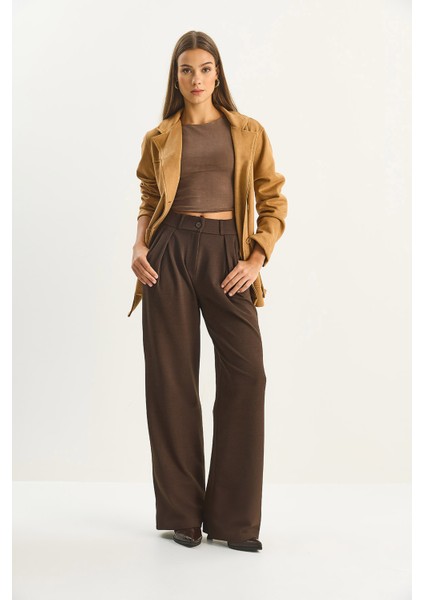 Kadın Yüksek Bel Dökümlü Cep Detaylı Piliseli Pantolon modelleri