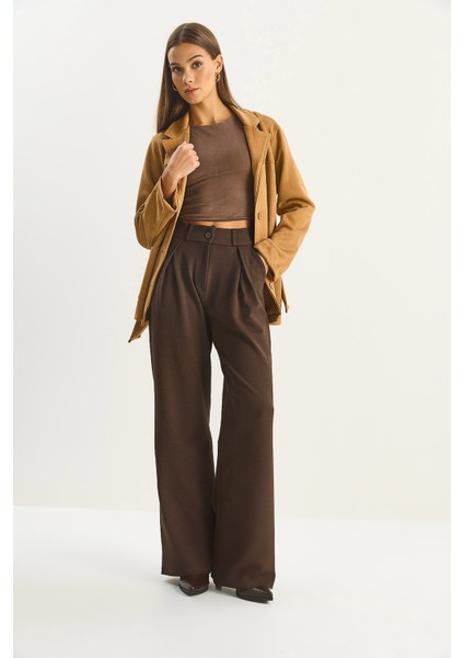 Kadın Yüksek Bel Dökümlü Cep Detaylı Piliseli Pantolon indirimleri