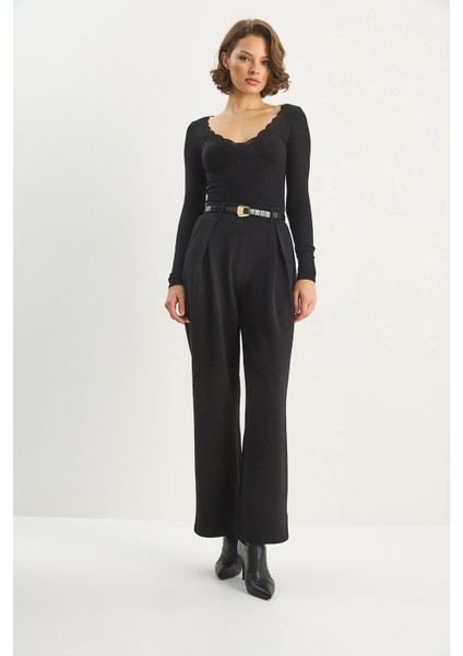 Kadın Yüksek Bel Dökümlü Cep Detaylı Piliseli Pantolon fiyatları