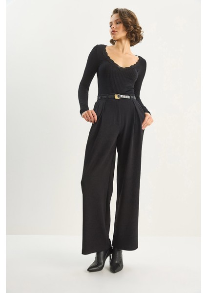 Kadın Yüksek Bel Dökümlü Cep Detaylı Piliseli Pantolon fırsatları