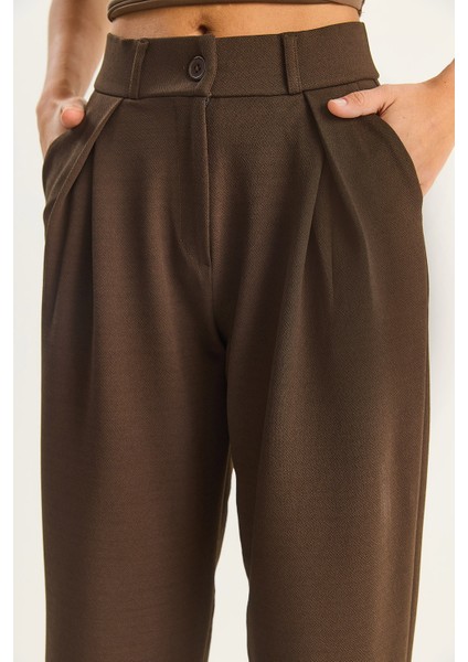 Kadın Yüksek Bel Dökümlü Cep Detaylı Piliseli Pantolon