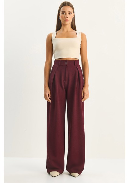 Kadın Yüksek Bel Dökümlü Cep Detaylı Piliseli Pantolon