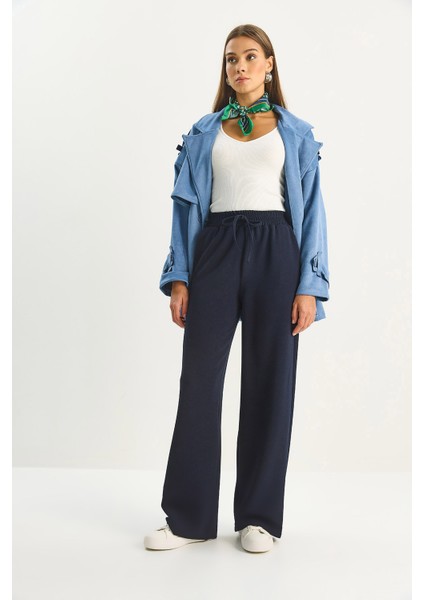 Kadın Yüksek Bel Lastikli Bağcıklı Dökümlü Bol Paça Pantolon fırsatları