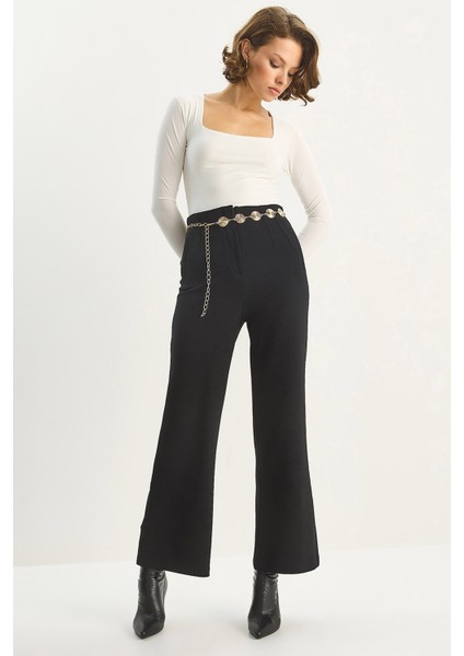 Kadın Yüksek Bel Fileto Detaylı Cepli Bol Paça Pantolon