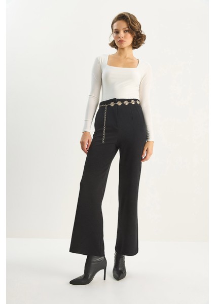 Kadın Yüksek Bel Fileto Detaylı Cepli Bol Paça Pantolon fiyatları