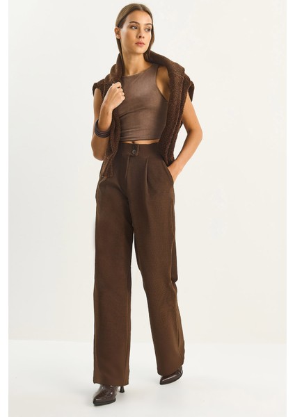 Kadın Yüksek Bel Çift Düğmeli Palazzo Pantolon