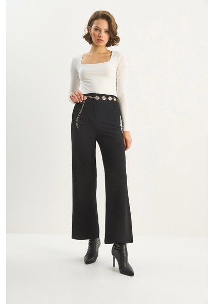Kadın Yüksek Bel Fileto Detaylı Cepli Bol Paça Pantolon modelleri