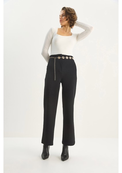 Kadın Yüksek Bel Fileto Detaylı Cepli Bol Paça Pantolon indirimleri