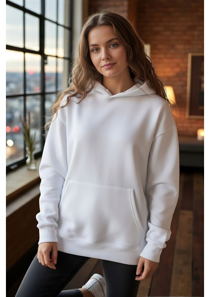 Kadın Oversize % 100 Pamuk Içi Polarlı Yumuşak Dokulu Basic Kapüşonlu Sweatshirt