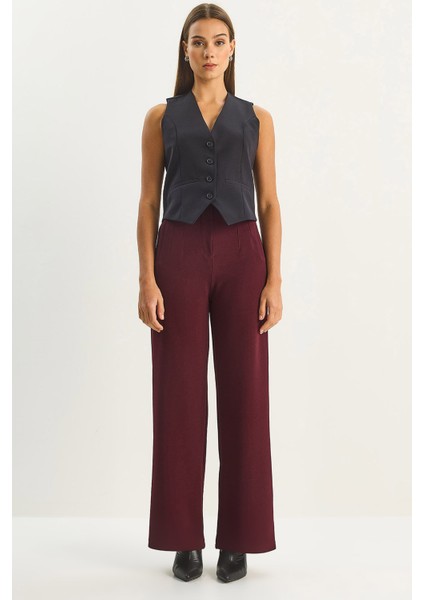 Kadın Yüksek Bel Fileto Detaylı Cepli Bol Paça Pantolon