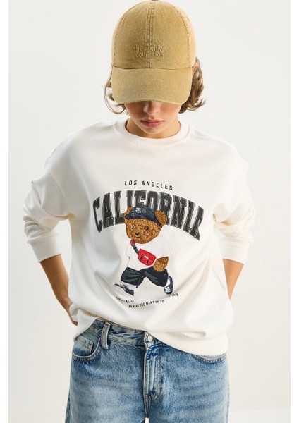 Kadın Bisiklet Yaka Teddy Nakışlı Baskı Detaylı Relaxed Sweatshirt fiyatları