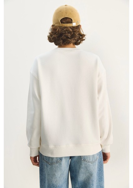 Kadın Bisiklet Yaka Teddy Nakışlı Baskı Detaylı Relaxed Sweatshirt