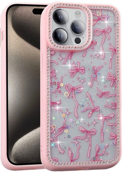 Apple iPhone 14 Pro Max Kılıf Taşlı ve Simli Tasarım Kapak (Azra)