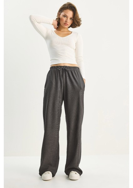 Kadın Beli Lastikli Cep Detaylı Fitilli Palazzo Pantolon