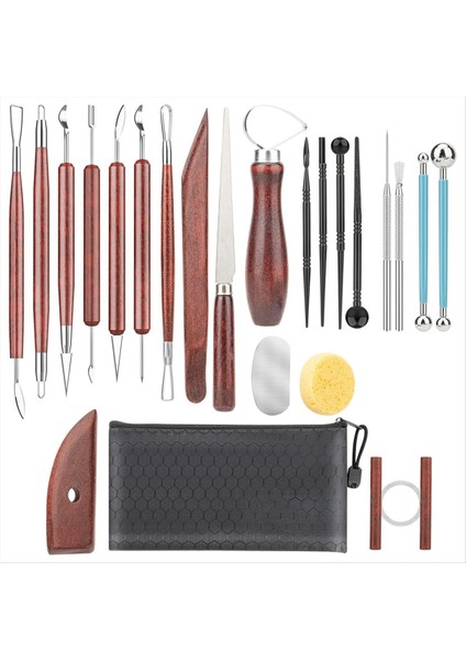 Kil Heykel Araçları Ahşap Tutamaklı Temel Kil Çömlek Oyma Alet Kiti ve Oyma Kalıplama Için Alet Torbası (Yurt Dışından)