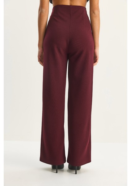 Kadın Yüksek Bel Fileto Detaylı Cepli Bol Paça Pantolon