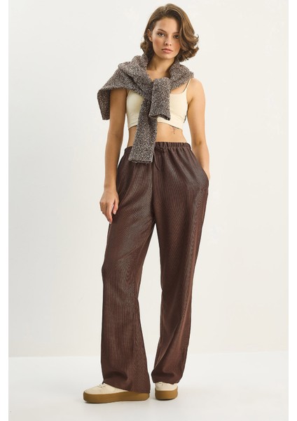 Kadın Beli Lastikli Cep Detaylı Fitilli Palazzo Pantolon