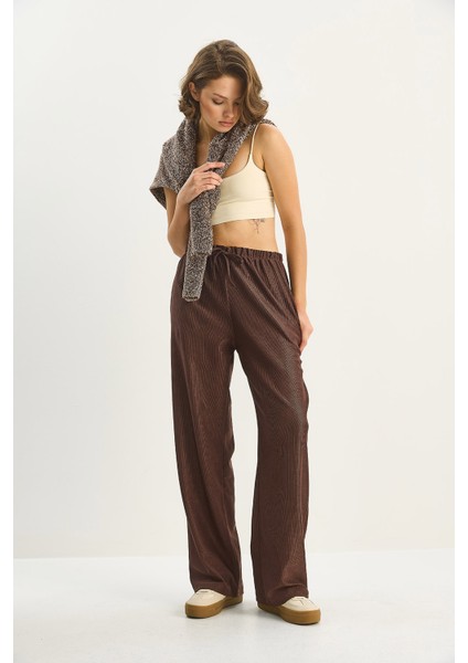 Kadın Beli Lastikli Cep Detaylı Fitilli Palazzo Pantolon modelleri