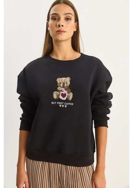 Kadın Teddy Nakış Detaylı Üç Iplik Şardonlu Sweatshirt indirimleri